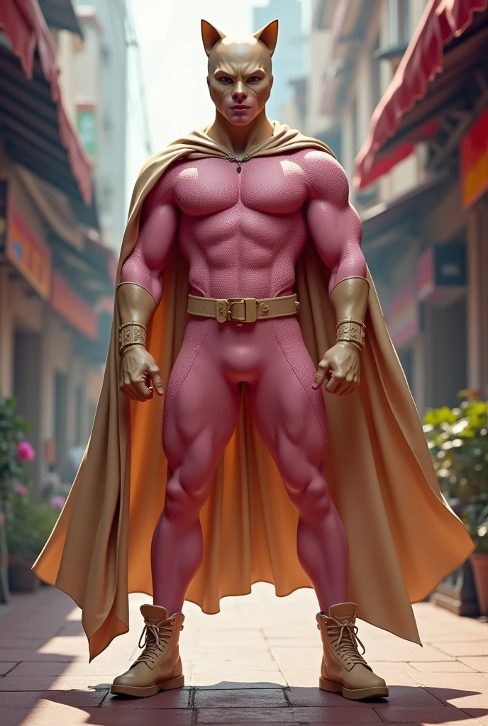 Real Malaysia Man wear cat mask ((beige color)). Cape(( beige color)). Jumpsuit pink latex mini scale hexagon . Male hero. Boots beige. Beige color . Concept form daredevil marvel.marvel . Very detail. 