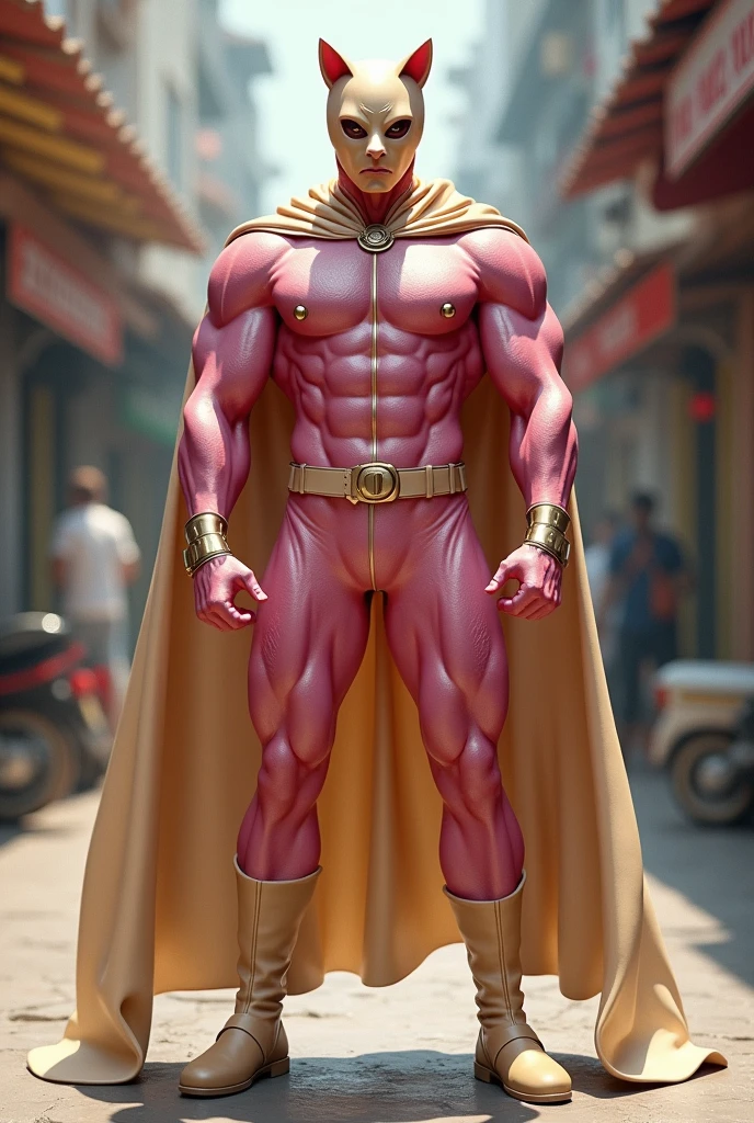 Real Malaysia Man wear cat mask ((beige color)). Cape(( beige color)). Jumpsuit pink latex mini scale hexagon . Male hero. Boots beige. Beige color . Concept form daredevil marvel.marvel . Very detail.