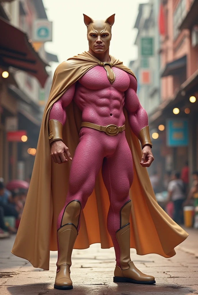 Real Malaysia Man wear cat mask ((beige color)). Cape(( beige color)). Jumpsuit pink latex mini scale hexagon . Male hero. Boots beige. Beige color . Concept form daredevil marvel.marvel . Very detail. 