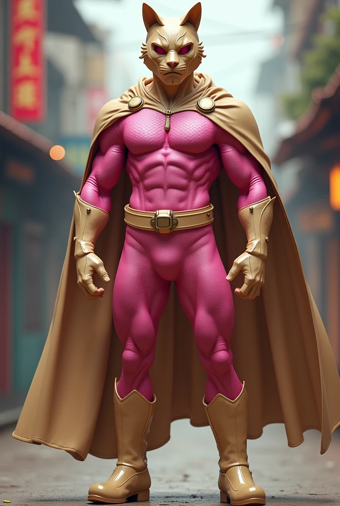 Real Malaysia Man wear cat mask ((beige color)). Cape(( beige color)). Jumpsuit pink latex mini scale hexagon . Male hero. Boots beige. Beige color . Concept form daredevil marvel.marvel . Very detail.