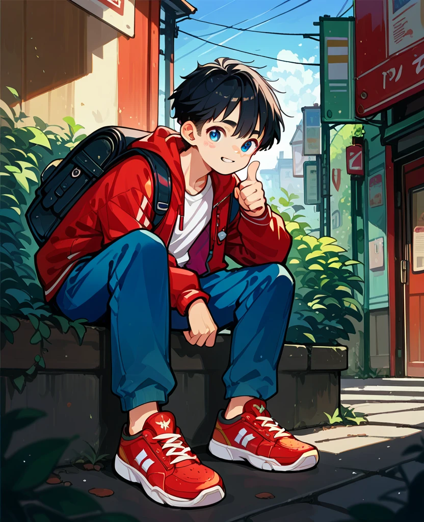 1boy, solo, black hair, blue eyes, young, Red sneakers, red jacket, blue pants, backpack, compass, smiles, sits on the windowsill, one foot on the windowsill, thumbs up.
