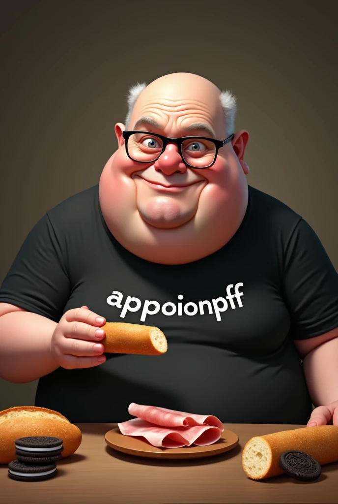 white male, baldie, fatter, cheeky, wrinkled face, Large belly, with glasses, eating baguette bread with ham with several Oreo cookies on a table, wearing a black shirt with the exact word written on it "APpOIO MPF" .