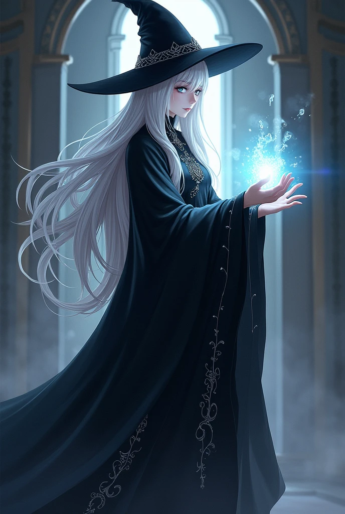 white haired magician, black gown, black hat and has the power to heal, anime version