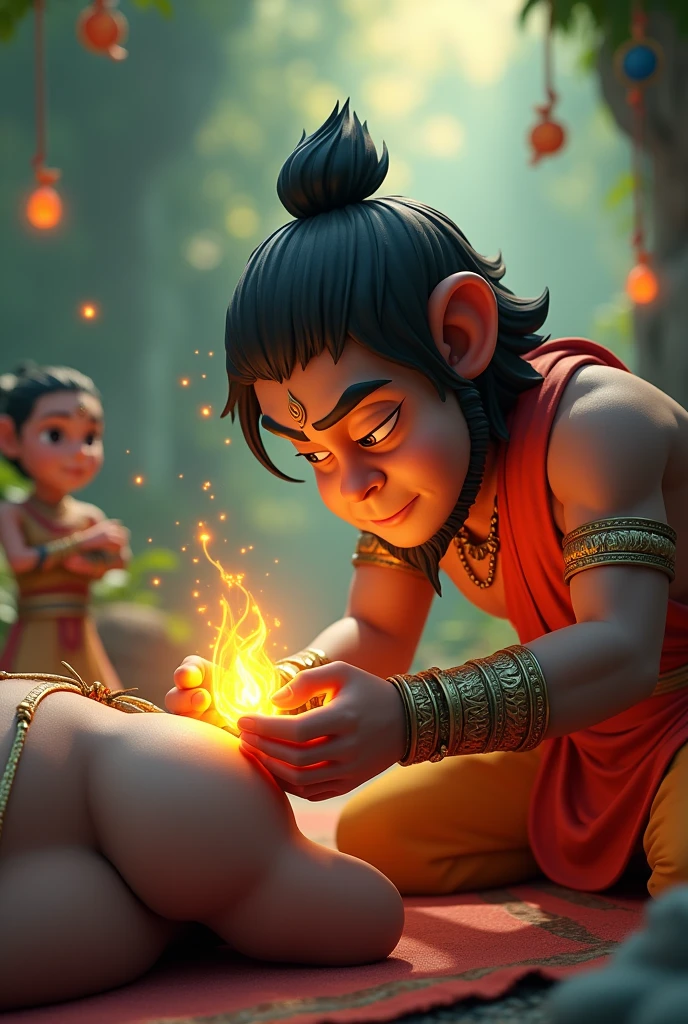 In cenamatic 3d cartoon style" Hanuman gently placing the Sanjeevani herb on a wounded soldier, with a glowing aura around them.