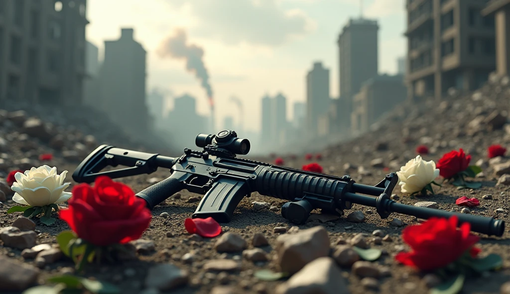 2024; (masterpiece, best quality) destroyed city roses ( white and red) on the floor(Sidney); flowers on the ground; 1IMBEL IA2 rifle Down(close-up); bombs falling from the sky.; fire around.