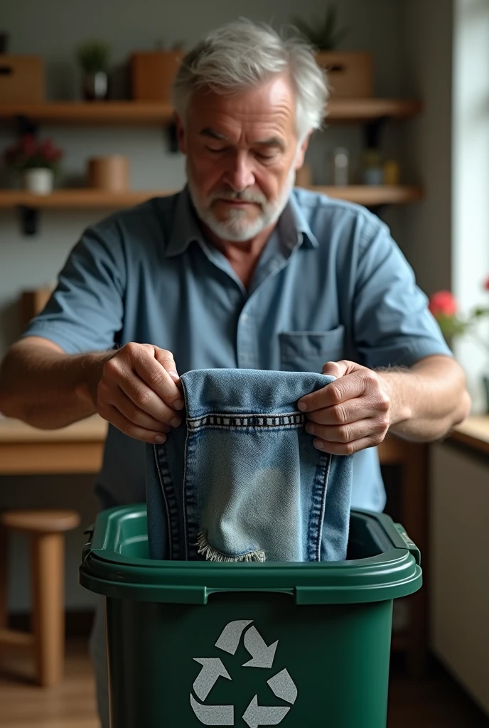 A man keeping his old jeans in textile recycle box