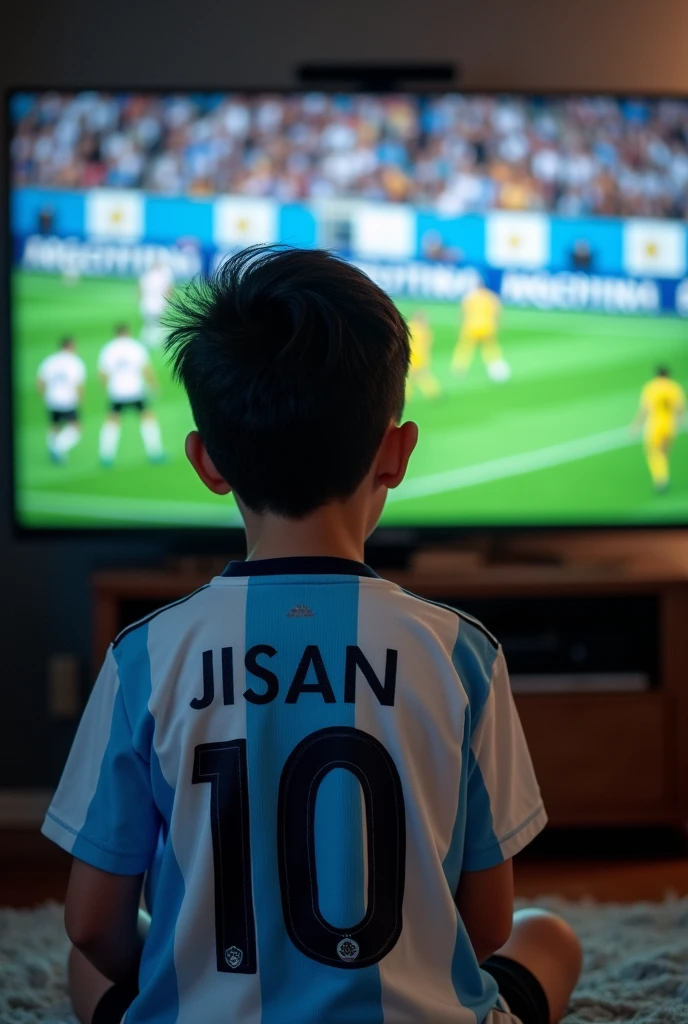 A boy watching Argentina vs Brazil football match on tv.He is wearing Argentine jersey.His number is 10 and his name is jisan.