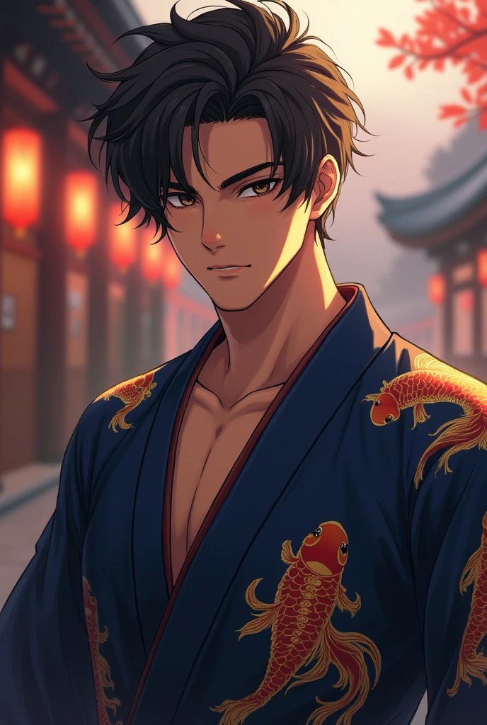 Male character Teenager with brown skin and slicked back hair, dark brown eyes, wearing a dark blue kimono with a gold fish print, demon slayer anime style