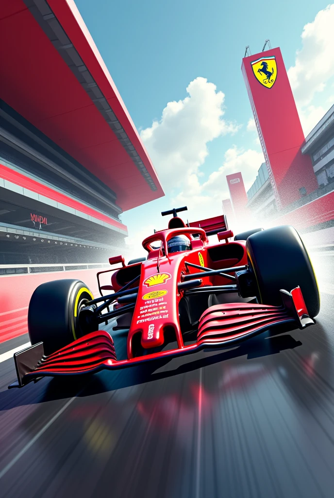 Detailed Background, masterpiece, Highest quality, Crimson F1 car2tower,Ferrari,run through
