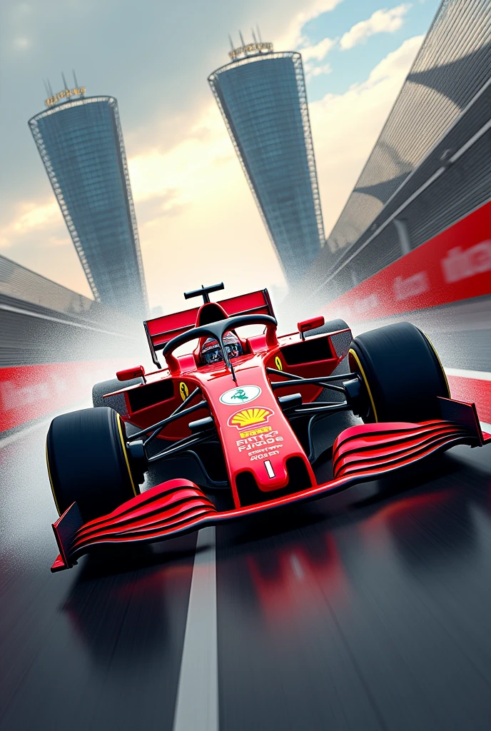 Detailed Background, masterpiece, Highest quality, Crimson F1 car2tower,Ferrari,run through
