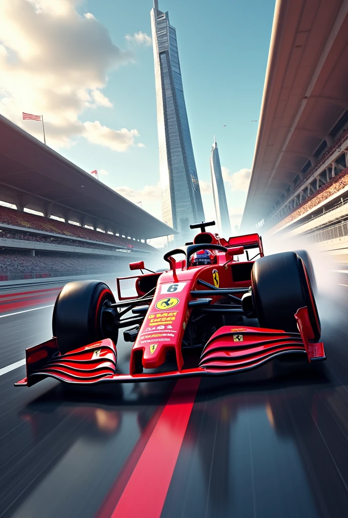 Detailed Background, masterpiece, Highest quality, Crimson F1 car２tower,Ferrari,run through