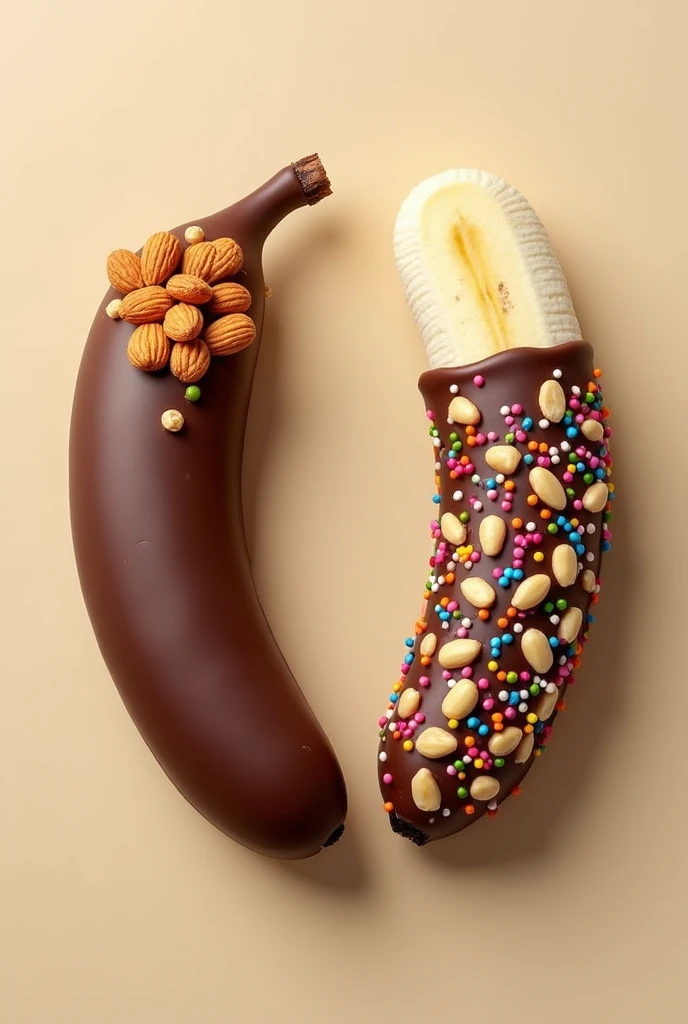 Two chocolate covered bananas, one with almonds and the other with colored sprinkles and peanuts