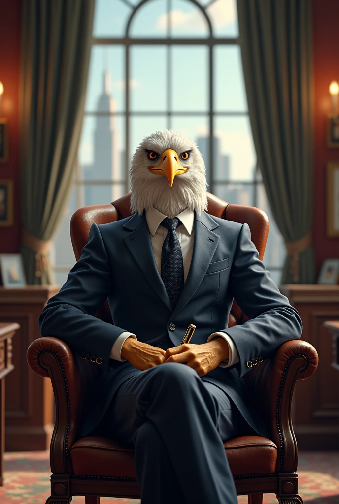 An eagle in suit, sitting on an executive chair, having a pen in his hand, chairing a meeting, office is well decorated, city is visible from glass window