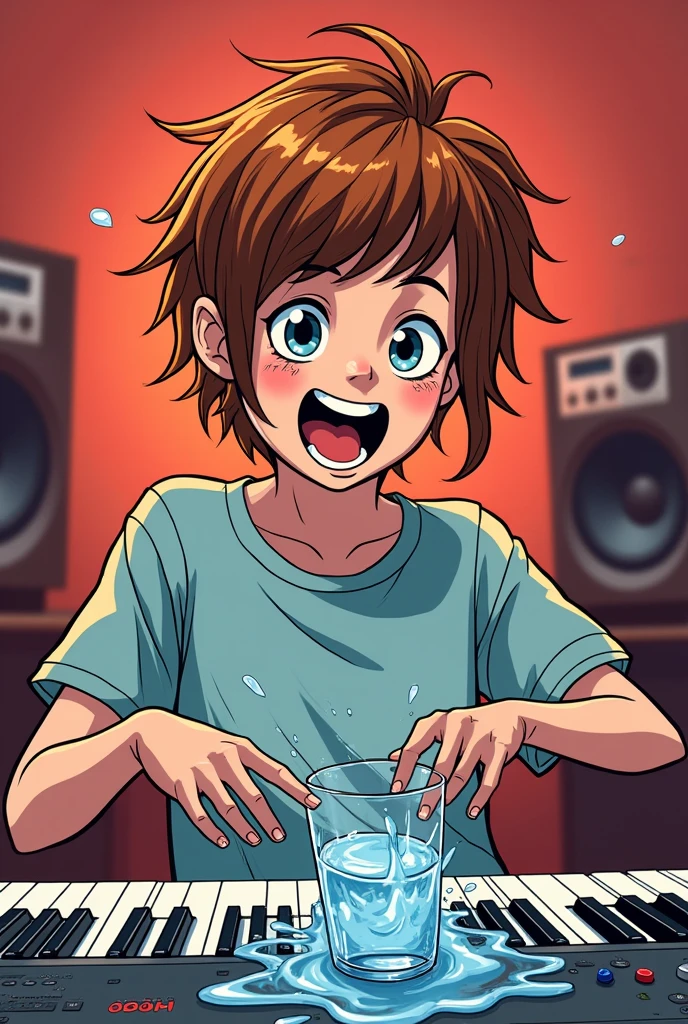 make a scene of a white teenager ,chestnut hair, using a redset and with a small tattoo saying "GN9", he is in a scenario as if he was doing live, and spills a glass of water on your keyboard. do it in comic book style