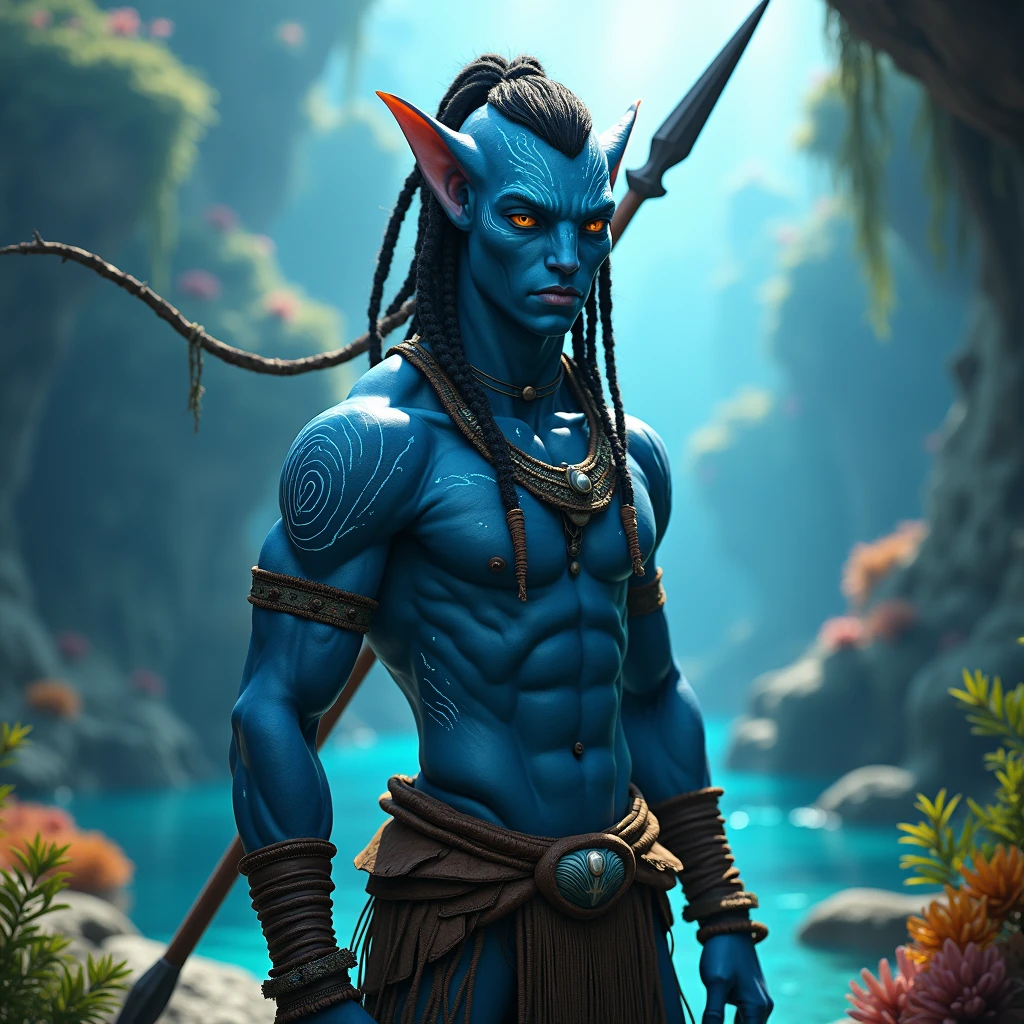 (1boy), Na'vi from Metkayina clan, striking amber eyes, sharp facial features with high cheekbones, proud yet slightly conflicted expression, deep blue skin with intricate bioluminescent patterns resembling ocean waves, traditional Metkayina beaded hair, shell and ocean element necklace, athletic and muscular build of a young hunter and free-diver, holding a spear in protective stance, standing in vibrant reef village with coral structures and crystal clear waters, natural soft sunlight filtering through water, best quality, 8k, highres, masterpiece:1.2, ultra-detailed, realistic, photorealistic, photo-realistic:1.37, extremely detailed eyes and face, beautiful detailed eyes, beautiful detailed lips, longeyelashes, HDR, UHD, studio lighting, ultra-fine painting, sharp focus, physically-based rendering, extreme detail description, professional, vivid colors, bokeh