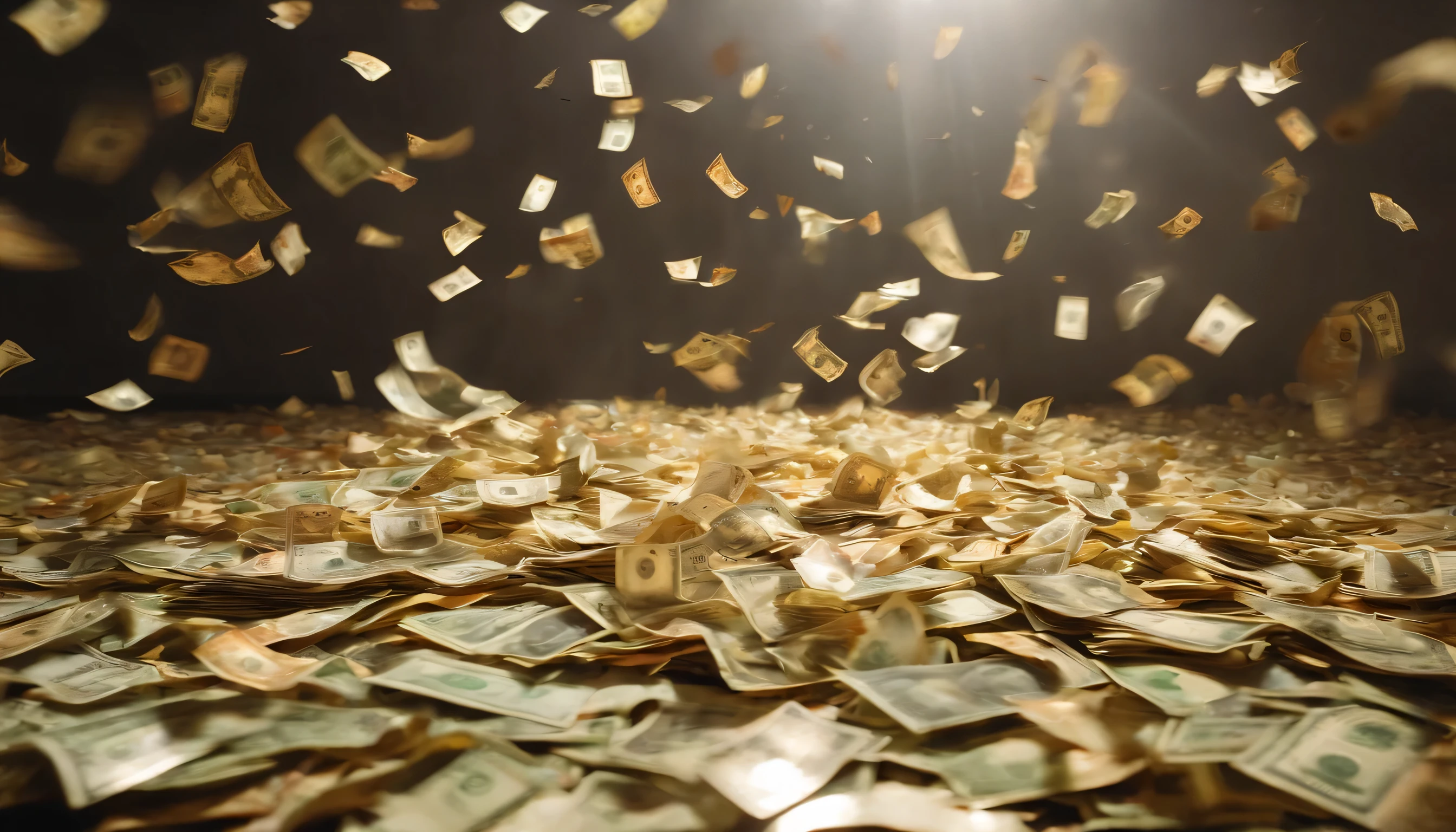 hyperinflation、The Great Recession、The notes lose their value、Money becomes trash、The floor was littered with scattered notes.,Notes floating in the air、