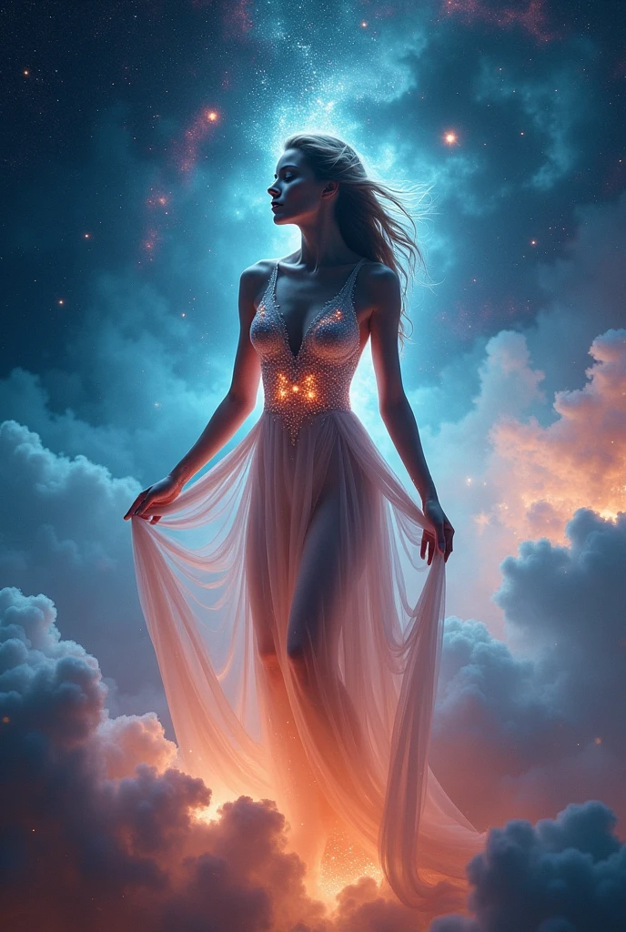 A naked goddess floating on the air she very beautiful whith glowing cancer ♋🦀 as tattoos she is floating and a small moons ring behind her her boobs is big her looks is Korean her boobs is very big