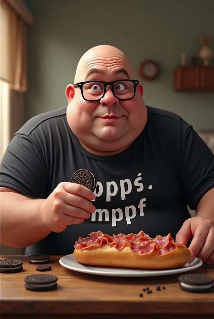 white male, baldie, fatter, cheeky, wrinkled face, Large belly, with glasses, eating baguette bread with lots of ham with several Oreo cookies on a table, wearing a black shirt with the exact word written on it "APpOIO MPF" .