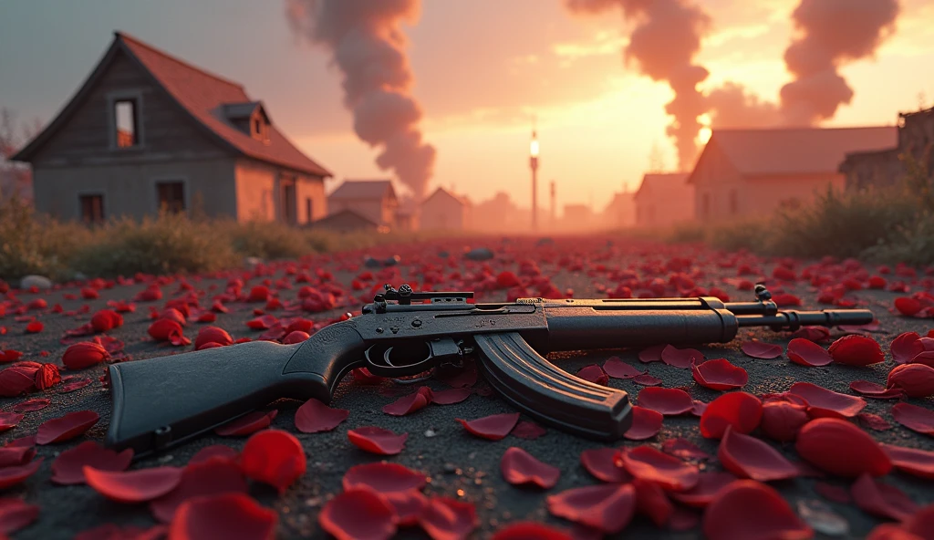 2024; (masterpiece, best quality) destroyed farms roses on the floor; flowers on the ground; 1IMBEL IA2 rifle Down(close-up); bombs falling from the sky.; fire around.