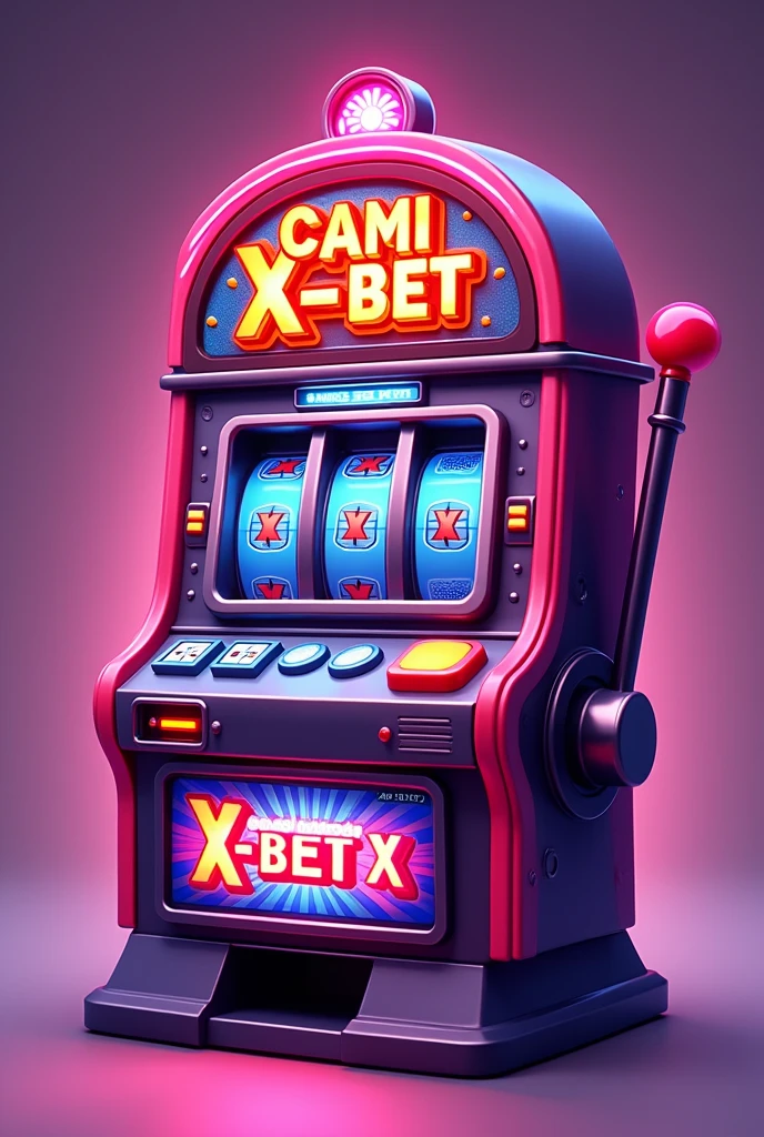 a slot machine, On top of that it says "equipment" in small red and larger it says "CAMI X-BET" in white. head on, a cartoon-type triangle slot machine BIG