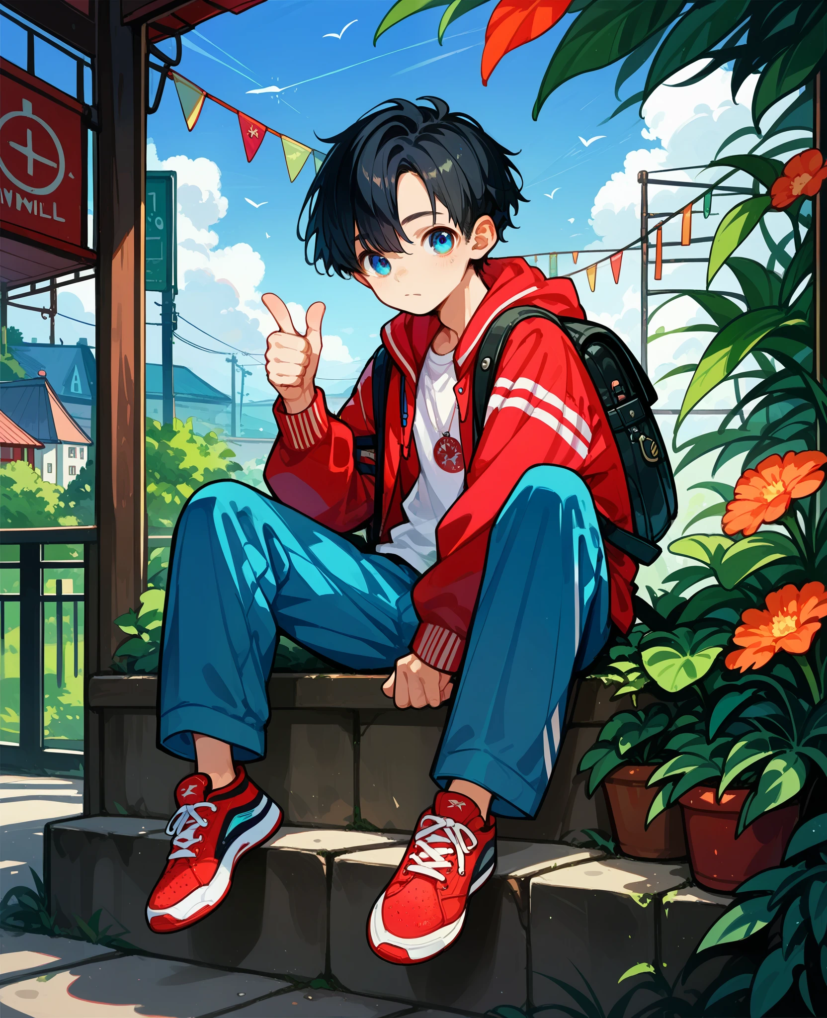 1boy, solo, black hair, blue eyes, young, Red sneakers, red jacket, blue pants, backpack, compass, smiles, sits on the windowsill, one foot on the windowsill, thumbs up.