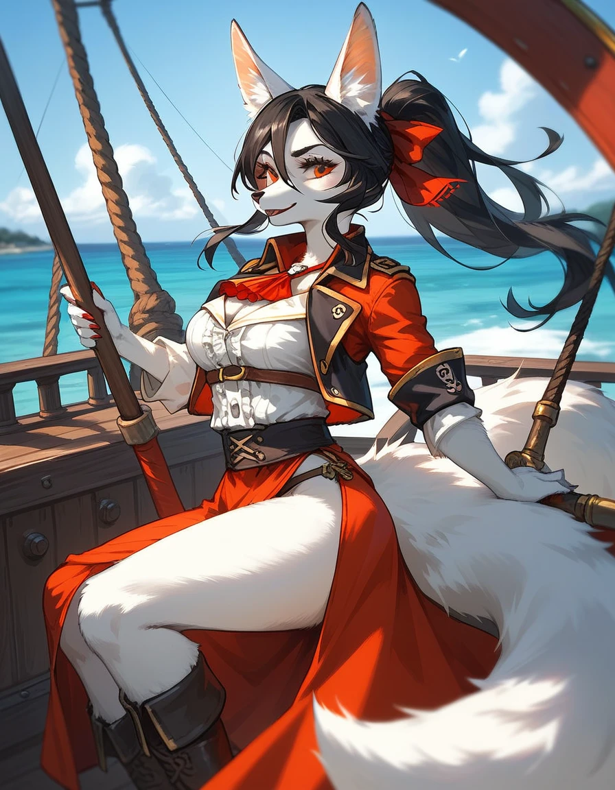 Solo, score_9,score_8_up,score_7_up, source_furry, an Anthro furry white Kitsune, white furry body, she has four white tails, ponytail black hair, white fox ears, long fox snout,PIRATE CLOTHES, in a pirate ship