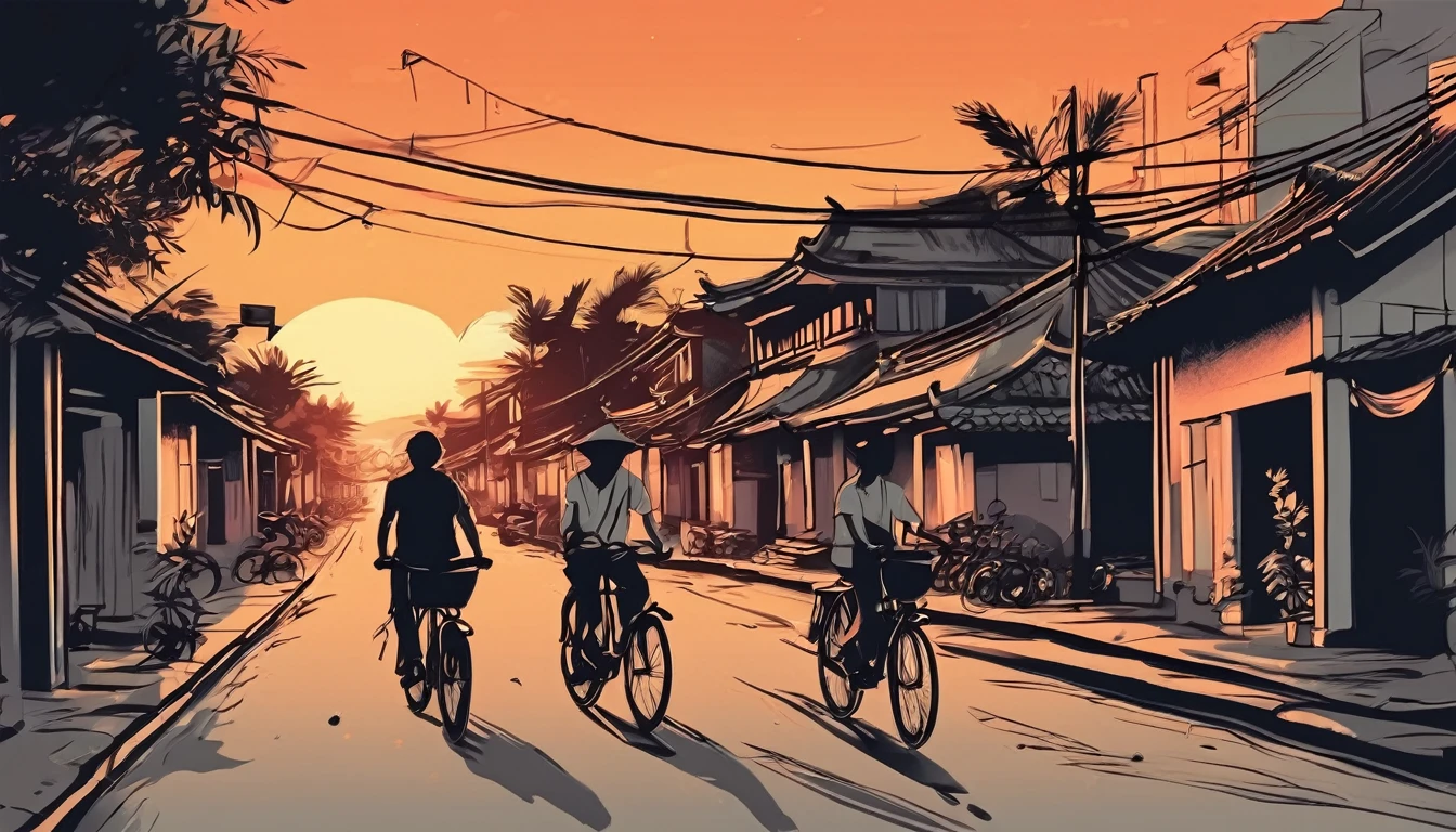 two people, silhoettes, cycling in the street Hà Nội, sunset, fine brush lines,  jsmn style 