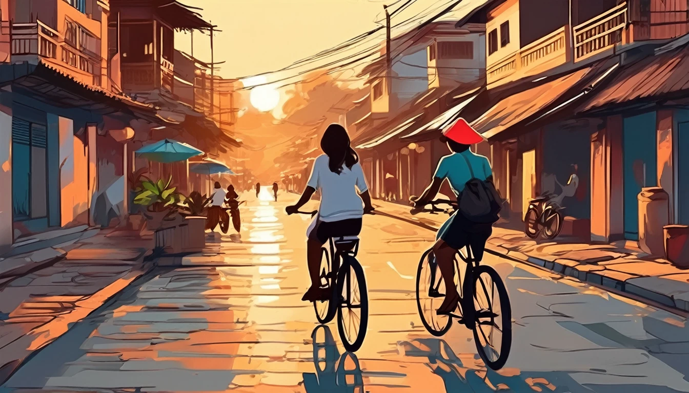 two people, silhoettes, cycling in the street Hà Nội, sunset, fine brush lines,  jsmn style 