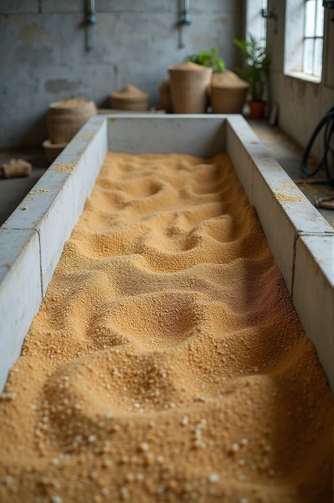 Steeped barley is put in long, rectangular, concrete open-top boxes equipped with perforated floor plates for supply conditioned air