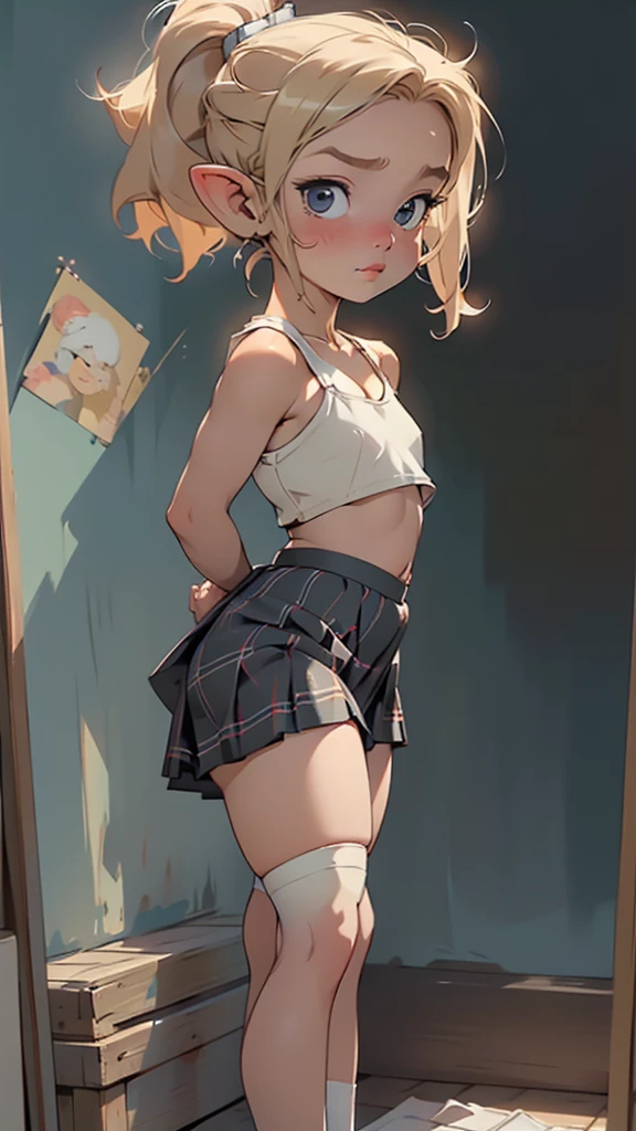 glow,masterpiece, best quality, elf princess, blond,high ponytail, oil painting portrait style, Plaid skirt,pleated skirt,Big ,white stockings,without wearing shoes
(nsfw:0.55), ((flat chested, flat stomach, baby face)), (intense colors)