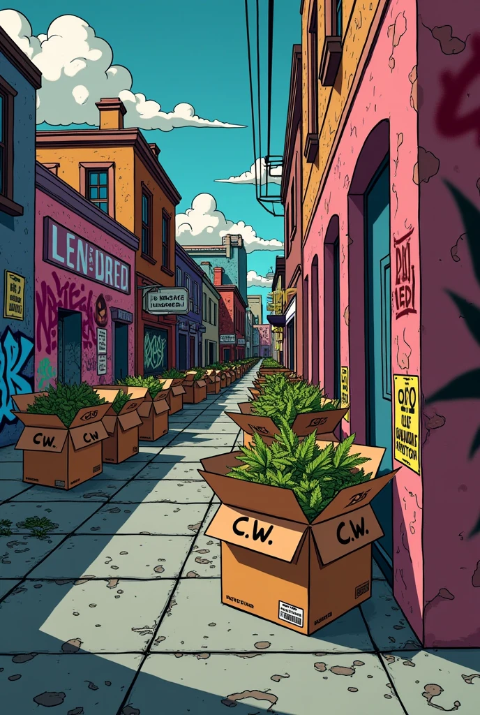 springfield avec un mur ou il y'a tagé Cali Weed35 avec avec des boites marron de weed ou il y'a ecrit C.W dessus et sur les boites marron des petits pochon transparent de canabis et des petits sachet de cocaïne en cartoon