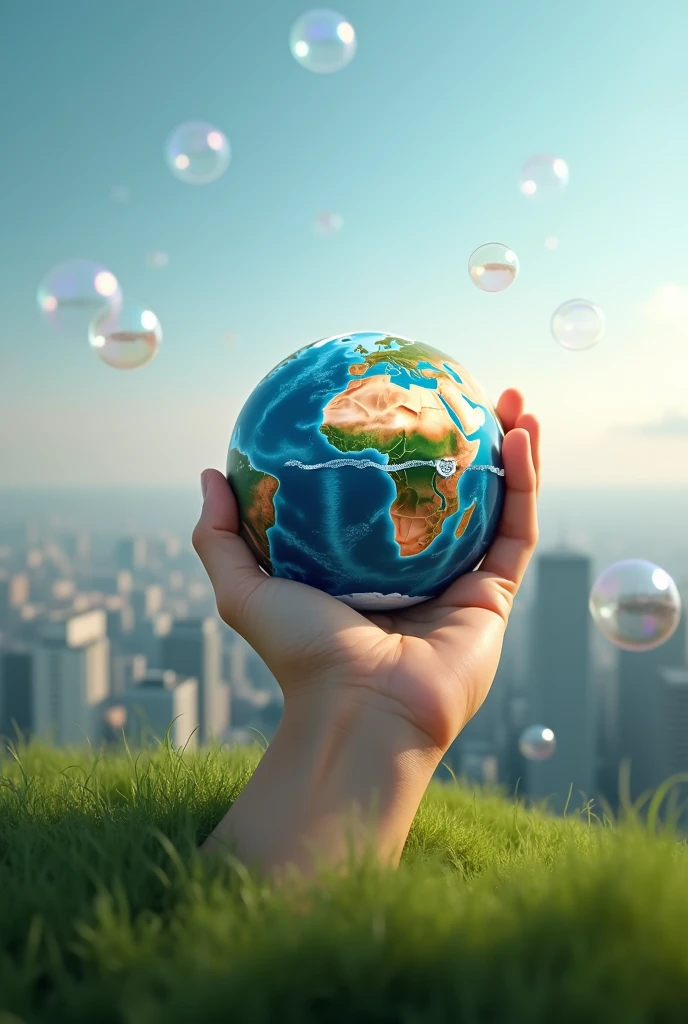A hand holding the earth on a hill with bubbles floating on a city fron the real life counterpart