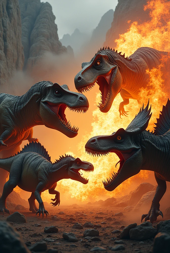 A group dinosaurs fight usig fire critically