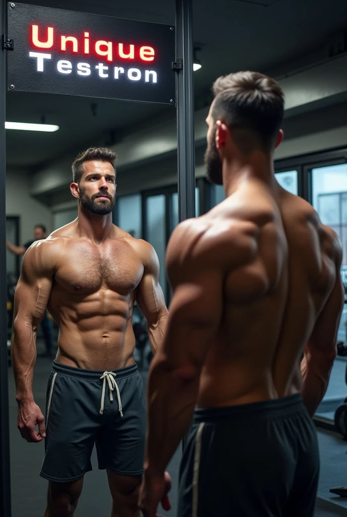 A man flexing his body IN gym mirror 
And at top side LEFT  there is written UNIQUE TESTRON 