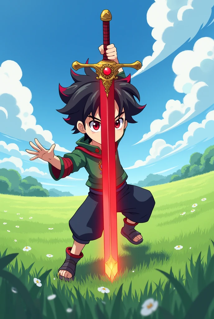 Make an anime style image, of a boy with black hair with red tips holding a sword with a red stone in the middle, and a reddish aura will be emanating from the sword blade, the boy will have red eyes, and in the background you will have a scene of an open field with plenty of grass on a sunny day, keep in mind that the boy has fair skin and is around 