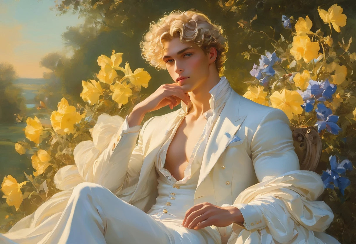 candid an full body photo of prince charming, 2 male supermodel, attractive and exotic, short curly blonde hair, a masculine appearance with slender smooth body, delicate and symmetrical face, natural olive skin tone, pose sitting on garden, (holding bouquet flower), looking at viewers, inspired by Irises by Vincent Van Gogh 18, he is wrapped in classical drapery sheer pastel color fabric, with flowing dramatically in the strong wind, some fabric to billow as if caught, The composition include mythological elements, such as a backdrop of a serene with a golden sunrise and nymphs to frame the scene. Illuminate the scene with soft diffused lighting to create a dreamlike, celestial atmosphere, capturing the delicate interplay of light and shadow on his face and body. ((full body shot)), wide-angle lens on a high-resolution DSLR camera to capture the grandeur and intricate details of the setting, while shooting from a dynamic angle to emphasize the model's majestic presence. The overall mood should blend the classical elegance of Botticelli's work with a modern, high-fashion aesthetic, producing an image that feels both timeless and contemporary, adding the Two Cherubs in the sense to balance and harmony the photo, evoke the soft ethereal quality of the Renaissance style, POV, raw photo, ((masterpiece)), ((best quality)), High Resolution, (ultra_realistic), (photorealistic), (NSFW), ((Pay attention to the layer and arrangement of body and surrounding)), ((Pay attention to the body composition)), ((Correct body structure)), ((Correct distance)), romantic atmosphere, lively extremely Gorgeous background,