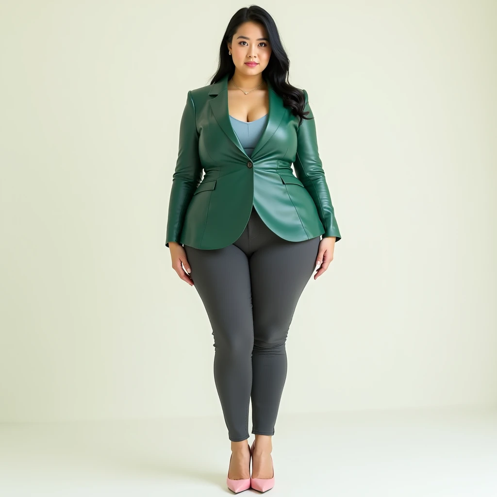 captured with a Sony α7 III camera, young Asia, an narrow waist, wide hips, and a full bust. The proportions are highly stylized, with a sharp contrast between the tiny waist and the expansive curves of the hips and chest, full body shot, fitted leather blazer Emerald green in color, bluish pink inner tee, Charcoal Grey Cigarette Pants, high heels Blush pink, standing straight, creamy white background.