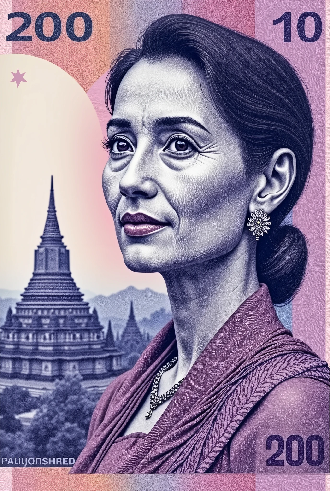 Make 200 banknote with Bagan temple Daw Aung San Su Kyi is in the front. Make sure white watermark is in left side of front. Purple-bluish color