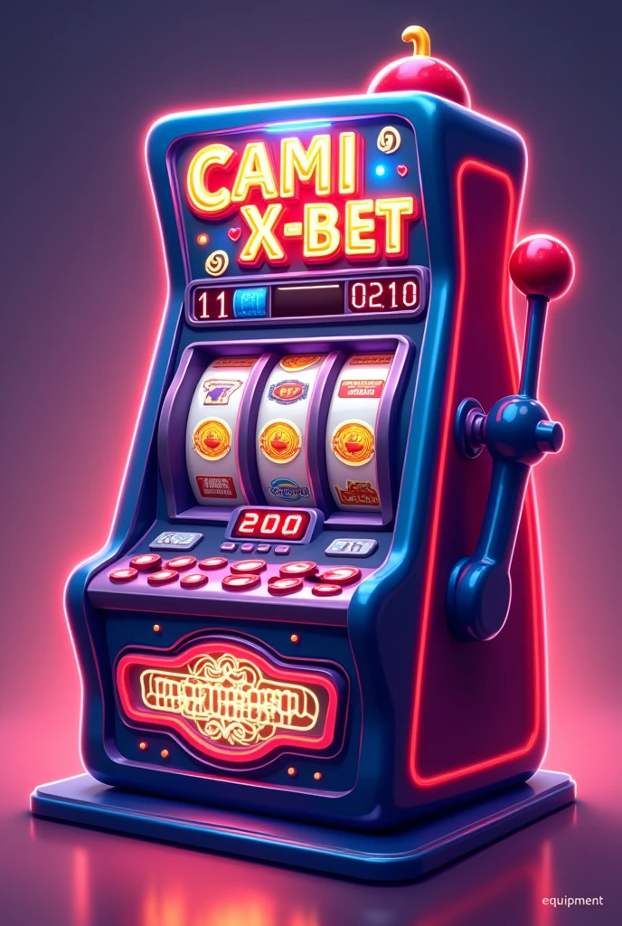a slot machine, On top of that it says "equipment" in small red and larger it says "CAMI X-BET" in white. head on, a cartoon-type triangle slot machine BIG