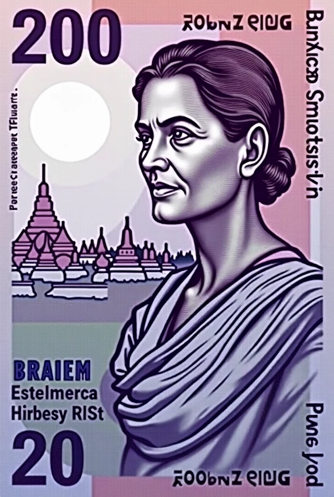 Make 200 banknote with Bagan temple Daw Aung San Su Kyi is in the front. Make sure white watermark is in left side of front. Purple-bluish color
