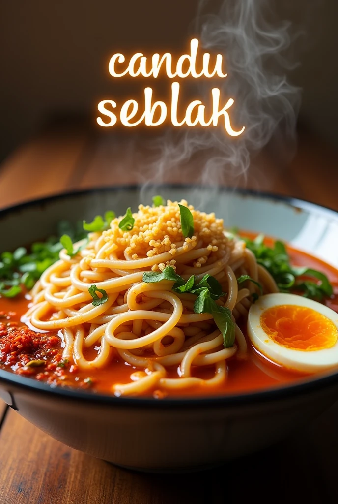 Here’s an enhanced AI prompt focusing on the details inside the bowl:
"A beautifully styled close-up of a steaming bowl of Seblak, showcasing a vibrant and appetizing mix of ingredients. The bowl is filled with a rich, spicy broth, featuring a generous portion of chewy noodles interspersed with crispy crackers, fresh vegetables, and tender slices of boiled egg. The noodles should be prominently visible, tangled invitingly among the other components. Garnishes like fresh herbs, a sprinkle of crispy fried shallots, and a touch of red chili flakes add a pop of color and texture. Above the bowl, in elegant, flowing script, the words 'Candu Seblak' are displayed with a subtle glow or shadow. The background features a softly blurred, warm-toned surface or a textured backdrop, enhancing the dish’s visual appeal and emphasizing the delicious, hearty nature of the Seblak."