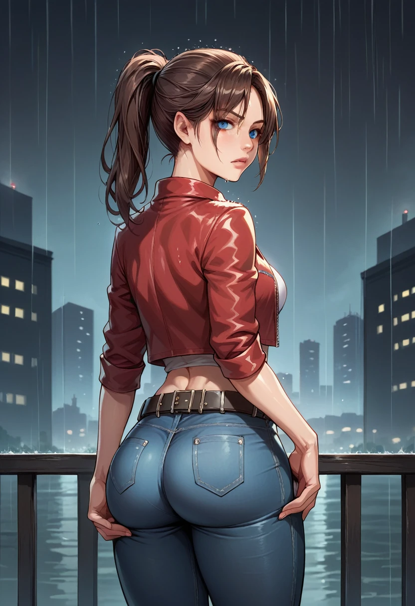 score_9, score_8_up, score_7_up, BREAK, score_9, Claire Redfield, brown hair, ponytail, breasts, belt, midriff, red jacket, jeans pants, looking at viewer, cowboy shot, ass, from behind, rain, dark sky, city