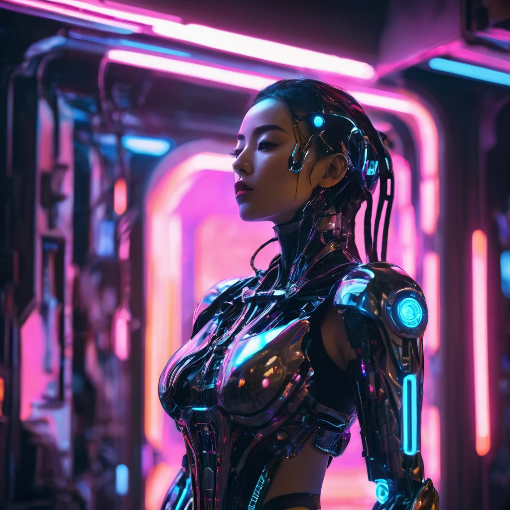 a cybernetic biomechanical girl, cyborg, intricate mechanical details, glowing circuitry, bionic limbs, futuristic, sci-fi, concept art style, dark moody lighting, dramatic shadows, neon colors, cinematic composition, highly detailed, 8k