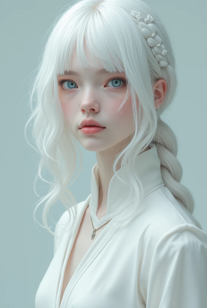 Excellent, masterpiece, white hair, golden eyes, white clothes, looking up, upper body, hair, fair skin, side braids, photo pose