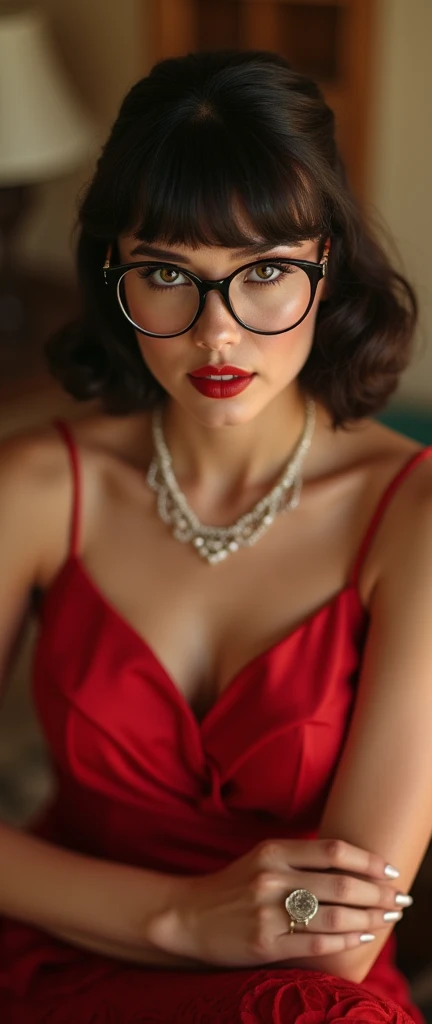 vintage glaring bloom 1940s colour traditional sophisticated graceful stunning alluring model trophy wife female with formal dress , bangs hairstyle with formal posture very exquisite quaint elegant with glasses in her 1940s house warm color palette