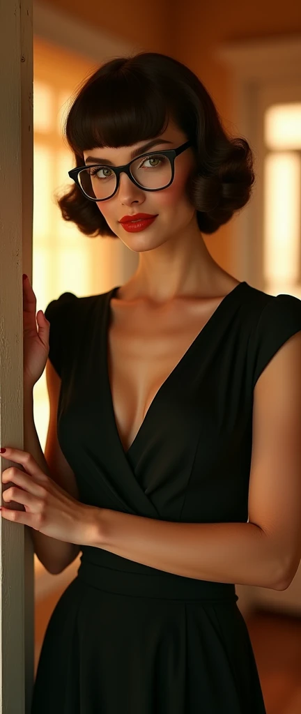 vintage glaring bloom 1940s colour traditional sophisticated graceful stunning alluring model trophy wife female with formal dress , bangs hairstyle with formal posture very exquisite quaint elegant with glasses in her 1940s house warm color palette