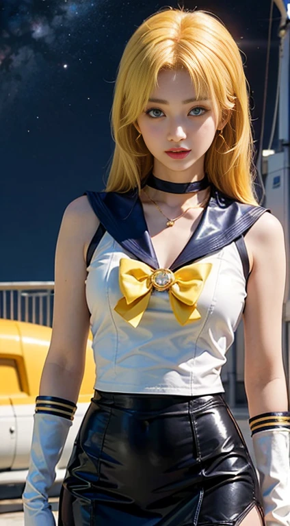 ((masterpiece:1.4)、(Highest quality:1.4)、(Realistic:1.7))、Masseter muscle area:1.4、Beautiful girl、(Sailor Moon:1.4)、tsukino usagi、Body Fit Sexy Sailor Warrior Uniform、(Latex Gloss)、(The jacket is a white sleeveless sailor suit.)、(The skirt is a sexy super miniskirt in blue.)、The collar of the sailor suit is blue.、There are two thin lines.、High leg swimsuit、Red cloth decoration on chest、(wearing white gloves)、cute、Super Beauty、Sharp focus、Portrait Photography、Upper body photo shoot:1.4、Beautiful Face、Beautiful Eyes、Tight waist、Beautiful feet、(Yellow Hair:1.4)、(Hair length:1.2)、Beautiful breasts、Big ample breasts:1.2、Sexy ass、RAW Photos、Red lips、Red High Heels:1.4、choker:1.4、necklace:1.4、Earrings:1.4、Gorgeous golden tiara:1.4、1 Screen Display、moon、Cosmos、Spaceship、Space Station、City of the Future