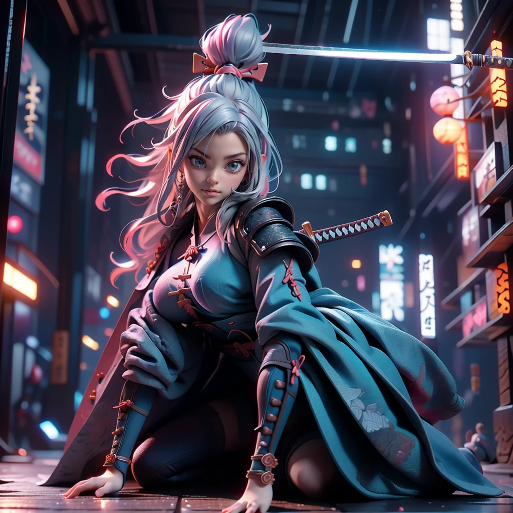 Moisturized Skin, (blue eyes), Realistic body, (Adult female body), Attractive breasts, ((Overlord color supremacy)), Energetic, 3DCG, front, Pink lipstick, (Silver Hair), Cat ear, Beautiful Hair, Long Hair, ponytail, (((Samurai Armor: 1.3))), ((masterpiece + Highest quality + High resolution + Very detailedな)), (whole body: 1.2), Perfect fingers, Perfect limbs, Anatomically correct, Textured skin, Very detailed, Anime character holding a sword in the night city、Very beautiful cyberpunk samurai、(She has a sword)、(Dramatic Katana Wielding Pose、Pulling out the sword)