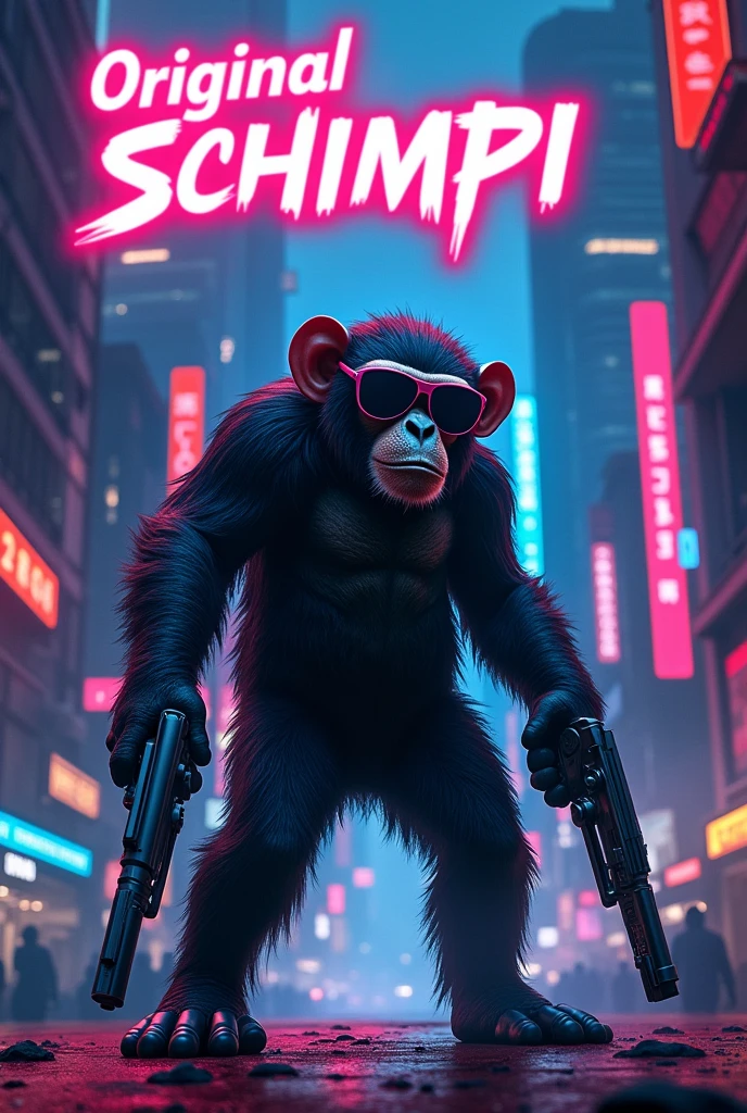 A chimpanzee in cyberpunk style, who wears futuristic glasses. He holds two weapons in his hands, that look modern and technically advanced. The chimpanzee stands in a dark, neon-lit city environment, which is heavily inspired by cyberpunk. Above him in a bright neon font is the name &#39;Original Schimpi&#39;. The scene has intense colors, with many shades of blue, violet lights and sharp contrasts, which emphasize the futuristic and rebellious setting."