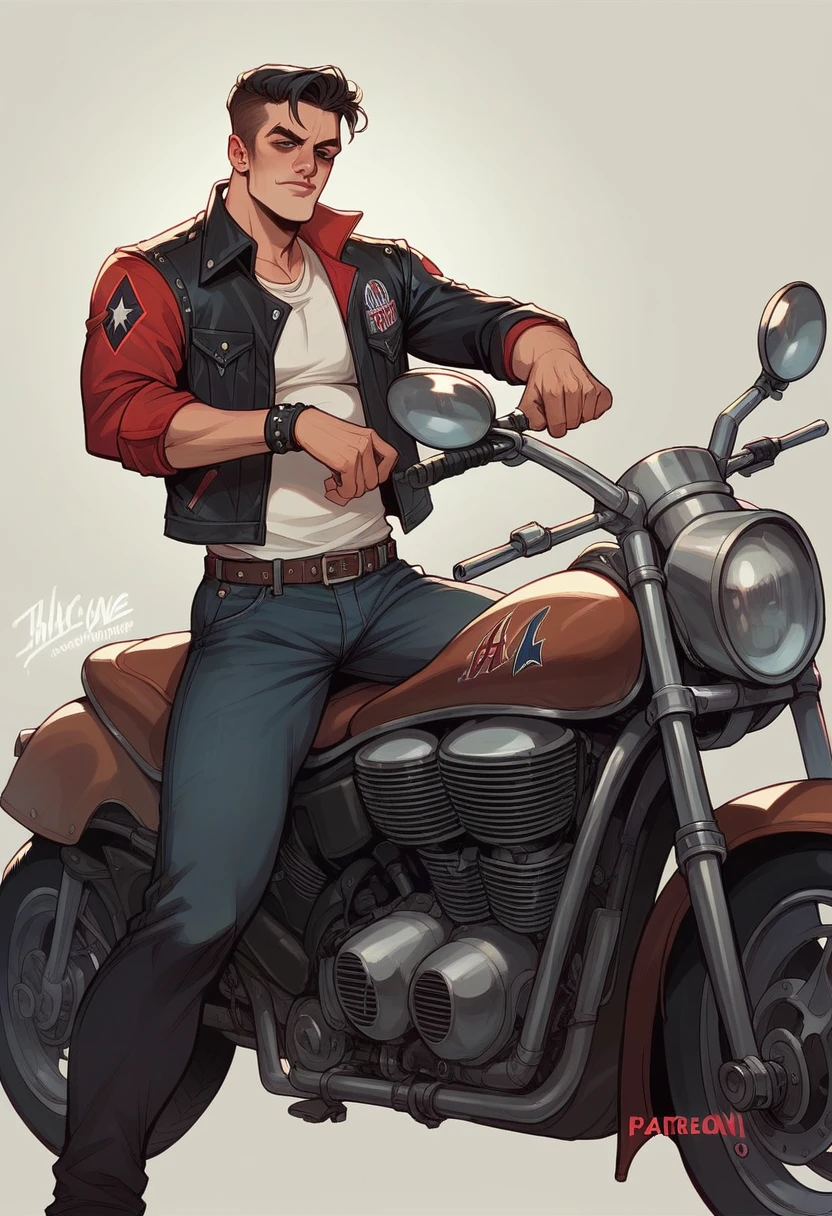 Santos_Gyee, solo, looking at viewer, short hair, blonde hair, 1boy, hat, navel, nipples, jacket, male focus, thighs, outdoors, open clothes, necktie, sky, day, belt, black pants, cloud, open jacket, tree, black jacket, muscular, facial hair, thick thighs, abs, sunglasses, thick eyebrows, pectorals, denim, muscular male, ground vehicle, building, bara, motor vehicle, smoke, large pectorals, bulge, cigarette, jeans, city, mature male, smoking, tight, manly, leather, motorcycle, police, chest hair, police uniform, leather jacket, police hat, thick arms, leather belt, leather pants, <lora:Santos_Gyee:1>
